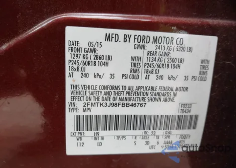 2015 Ford Edge Sel z USA, uszkodzony, nr VIN 2FMTK3J98FBB46767